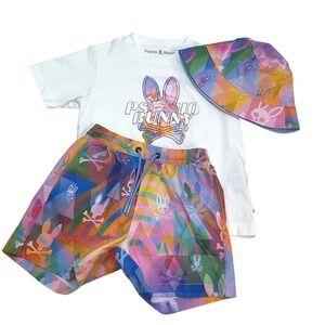 Psycho Bunny Boy Rainbow Bunny Skull Swim Trunks Bucket Hat Tee Set Size 4 & 5/6